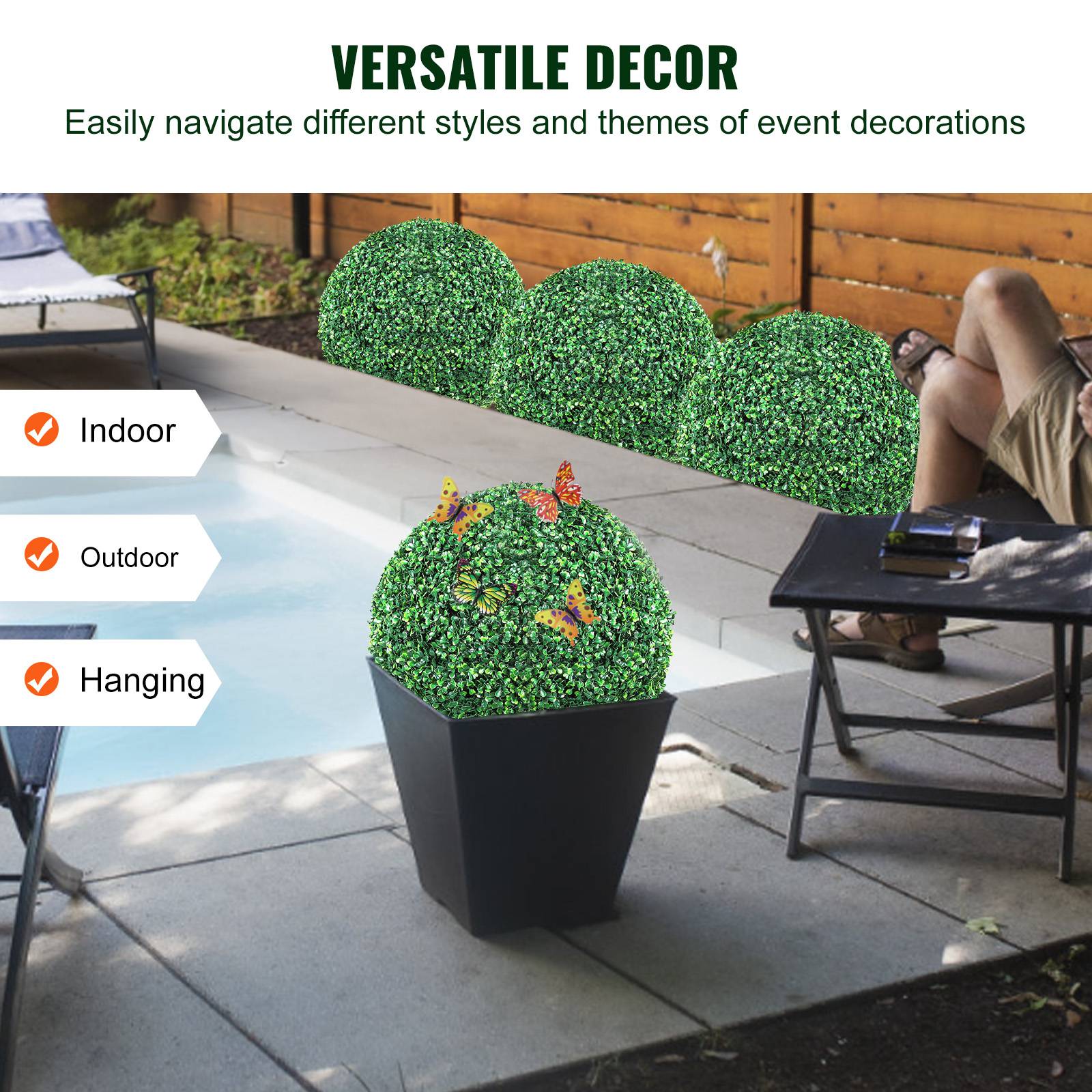 VEVOR Buis topiaire artificiel 406 mm, boule, 2 plantes PE. 10 feuilles, papillons, décoration jardin. - Image 6