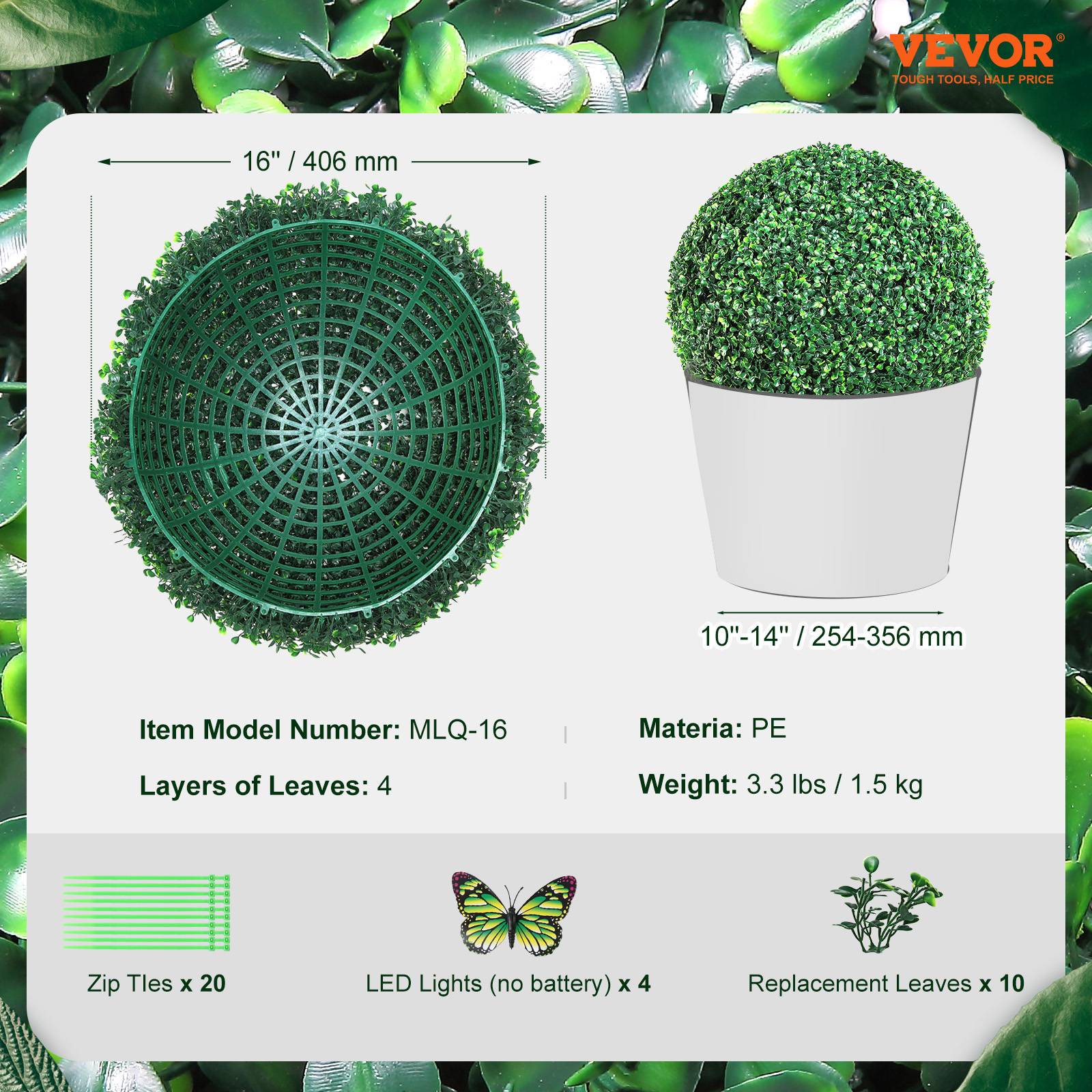 VEVOR Buis topiaire artificiel 406 mm, boule, 2 plantes PE. 10 feuilles, papillons, décoration jardin. - Image 7