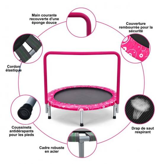 Helloshop26 - Trampoline enfants pliable diamètre 92 cm avec housse de sécurité matelassée et poignée recouverte intérieur 150 kg rose+noir - Imagen 2
