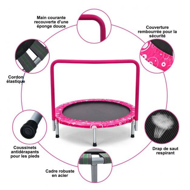 Helloshop26 - Trampoline enfants pliable diamètre 92 cm avec housse de sécurité matelassée et poignée recouverte intérieur 150 kg rose+noir - Imagen 2