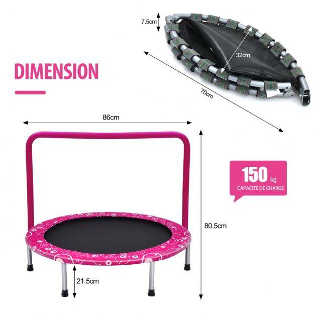 Helloshop26 - Trampoline enfants pliable diamètre 92 cm avec housse de sécurité matelassée et poignée recouverte intérieur 150 kg rose+noir - Imagen 4