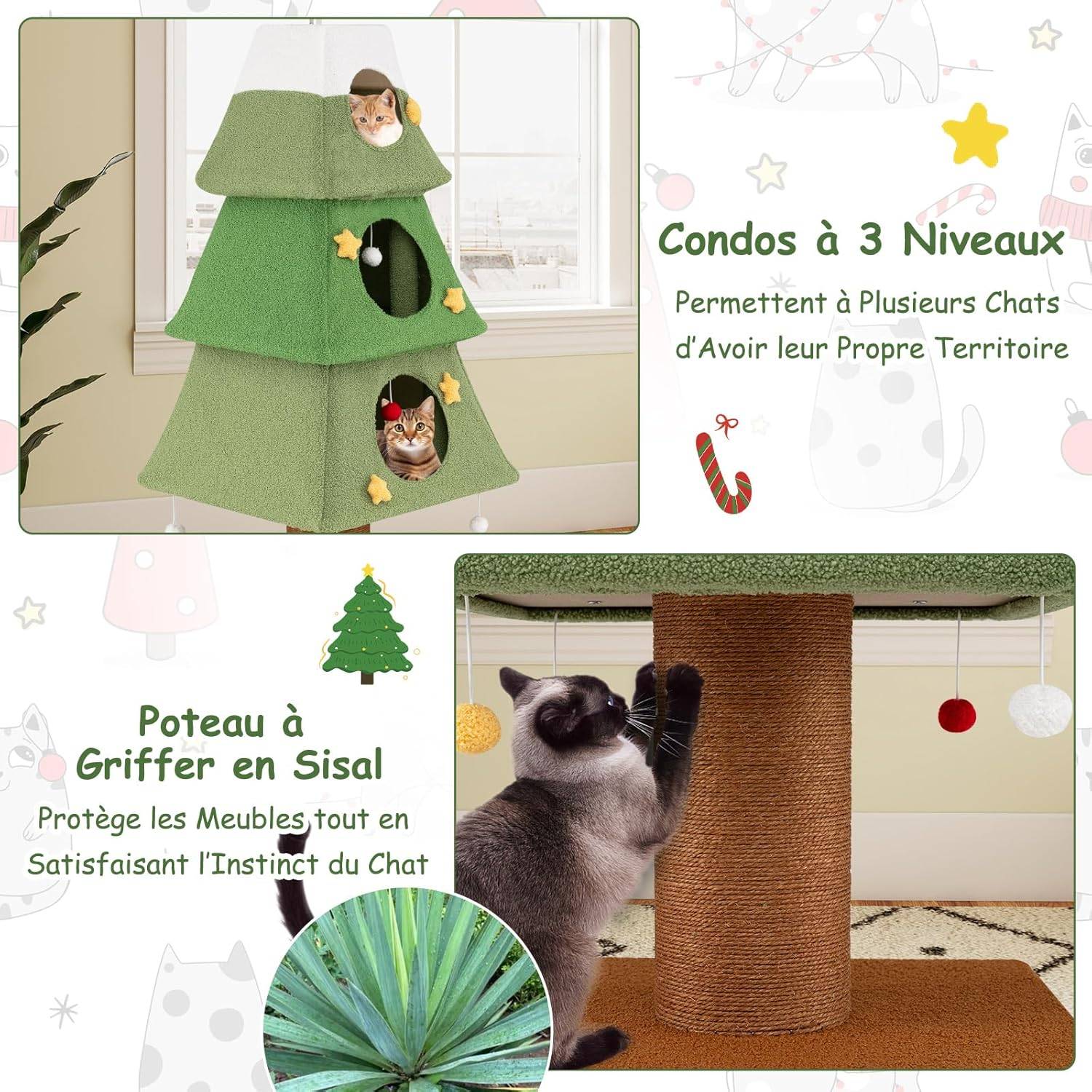 Arbre à Chat XXL de Noël 162 cm, 3 Condos, Ø19 cm Poteau à Griffer en Sisal, Arbre a Chat Maine Coon, Couvercle Amovible, Étoile en Sommet, Tour pour - Image 2