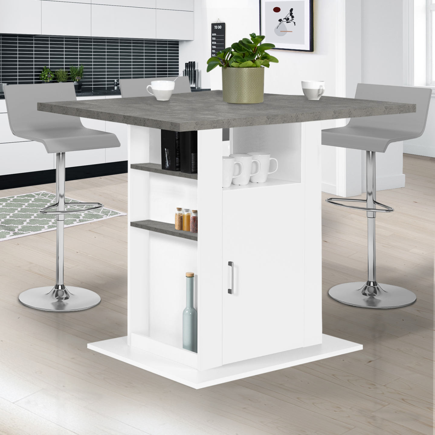 Ilot central UGO 110 cm plateau effet béton et blanc avec rangements - Image 1