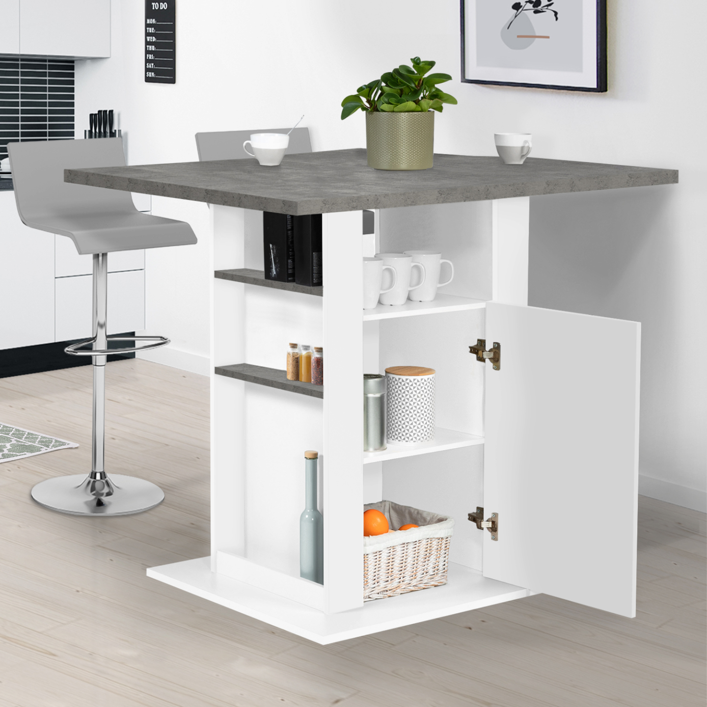 Ilot central UGO 110 cm plateau effet béton et blanc avec rangements - Image 3
