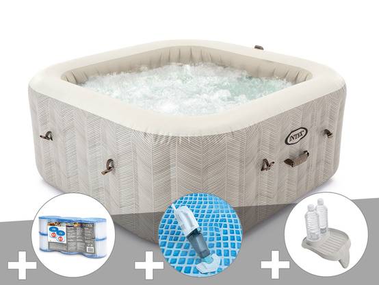 Kit spa gonflable Intex PureSpa Chevron carré Bulles 6 places + 6 filtres + Aspirateur + Porte-verre