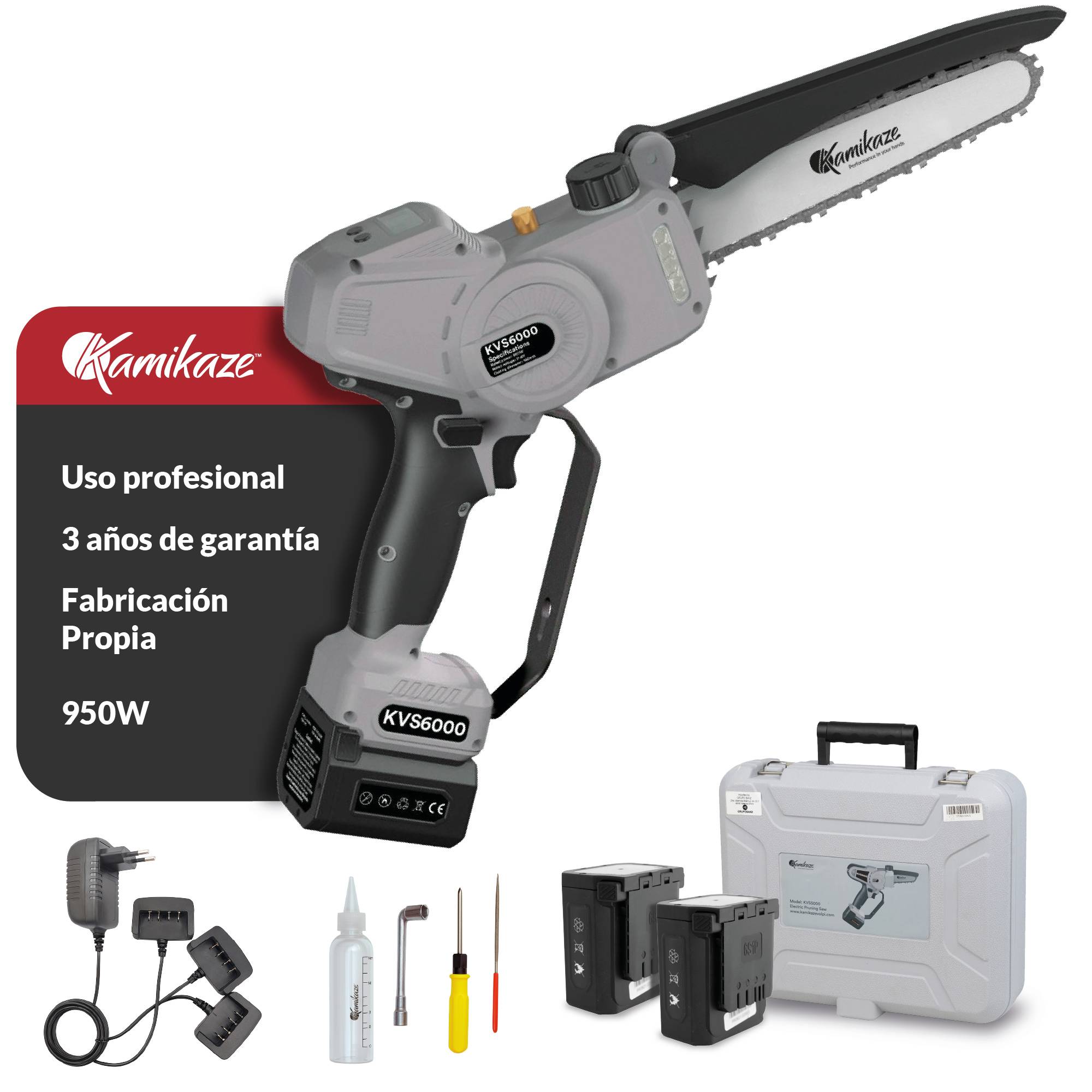 KAMIKAZE KVS6000 Mini tronçonneuse à batterie 21 V, 6" 800 W, scie électrique rechargeable avec 2 batteries 4 Ah et chargeur triple