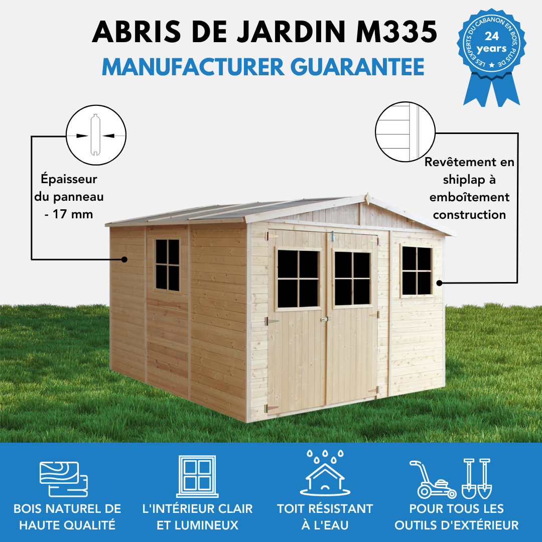 Timbela - Abri de Jardin en Bois Exterieur H226x316x324 cm / 9 m² avec les planchers imprégné - 17 mm d’épaisseur - Timbela M335+M335G - Imagen 7