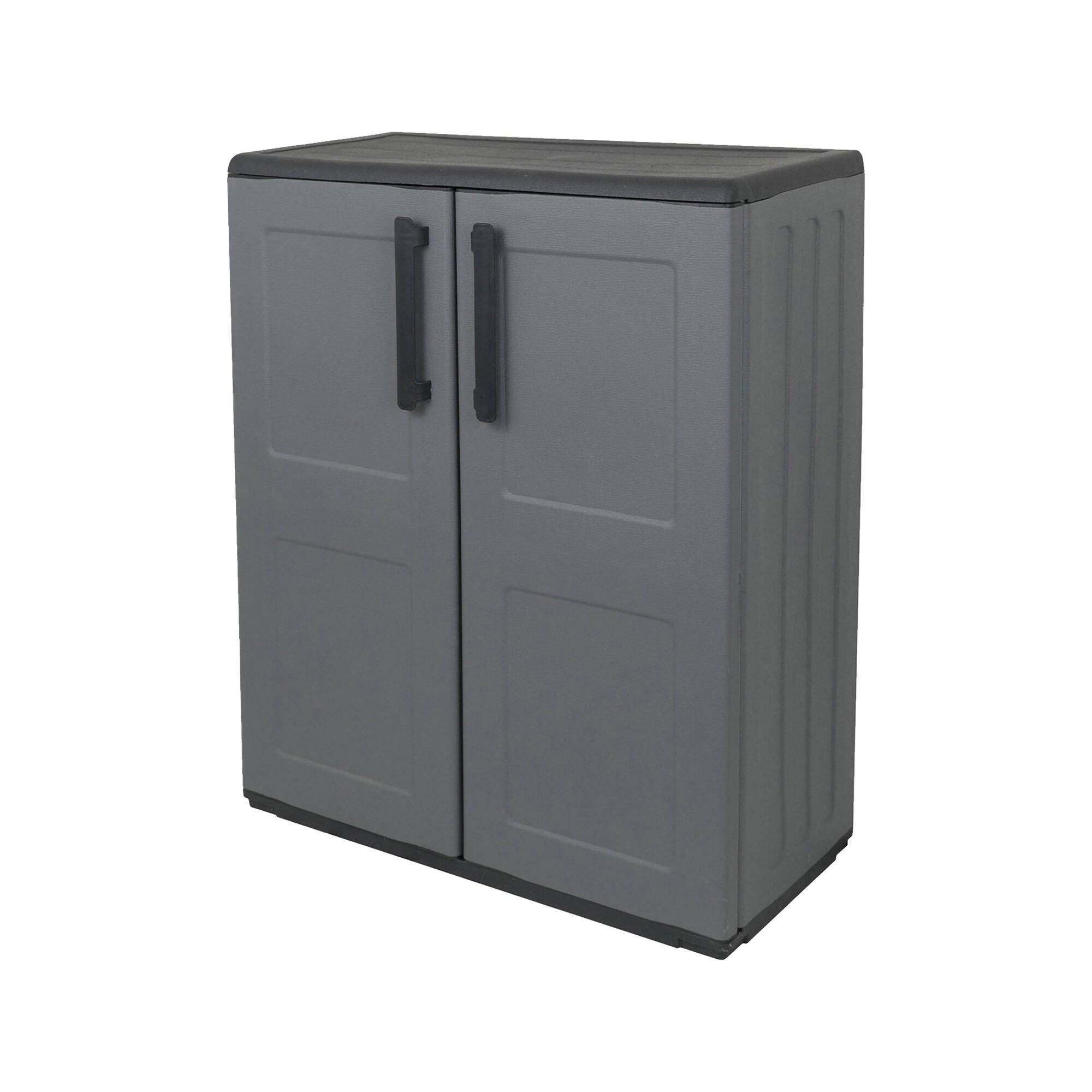 Dmora - Armoire d'extérieur Dbavagnol, Armoire de balcon polyvalente, Armoire d'extérieur avec 2 portes, 68x37h84 cm, Finition à carreaux, Gris et Noir - Imagen 1