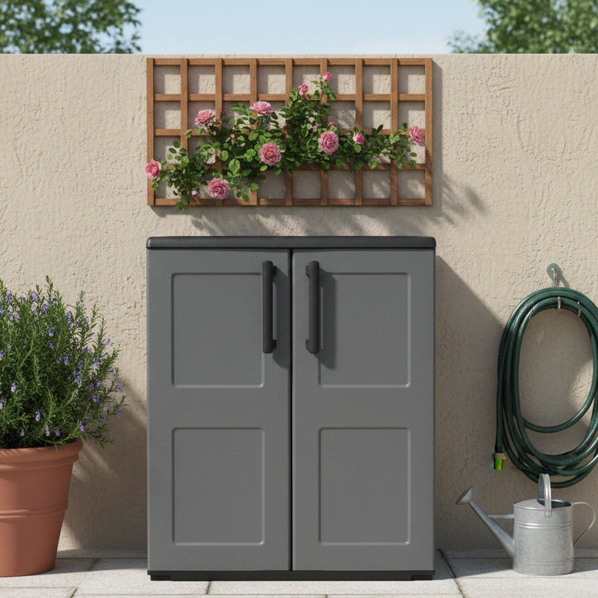 Dmora - Armoire d'extérieur Dbavagnol, Armoire de balcon polyvalente, Armoire d'extérieur avec 2 portes, 68x37h84 cm, Finition à carreaux, Gris et Noir - Imagen 2