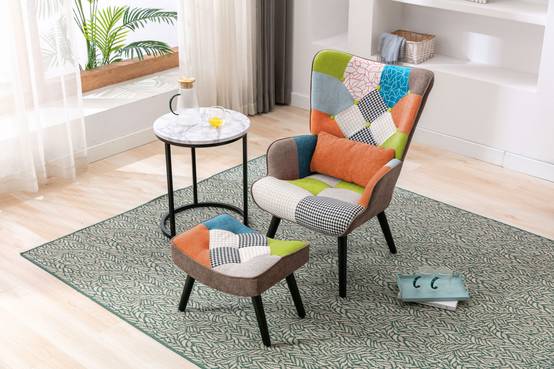 0 - Fauteuil Patchwork Scandinave avec pieds-repose, Oreiller lombaire Pieds Bois Massif ,Salon Balcon Tissu en Lin Multicolore - Image 4