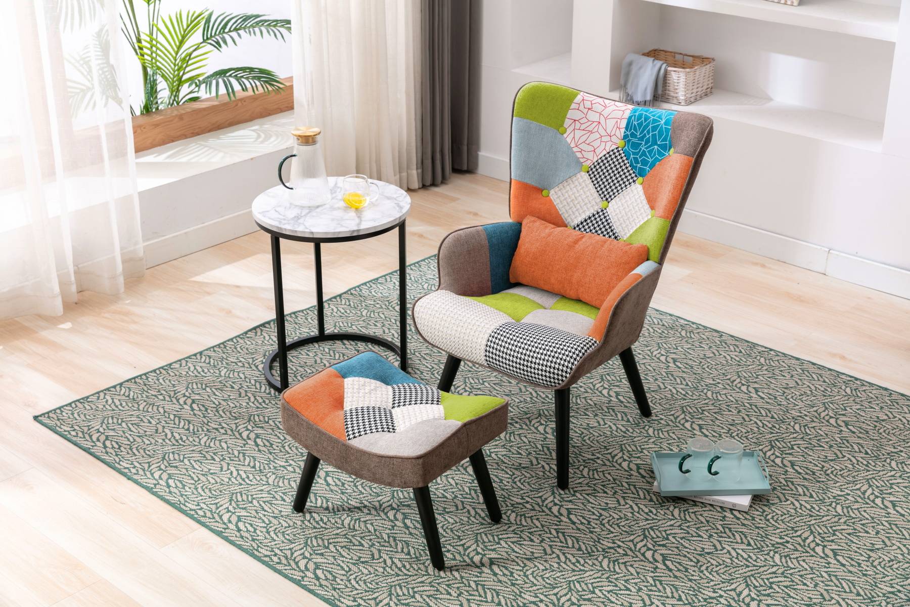 0 - Fauteuil Patchwork Scandinave  avec pieds-repose, Oreiller lombaire  Pieds Bois Massif ,Salon Balcon Tissu en Lin  Multicolore - Image 4