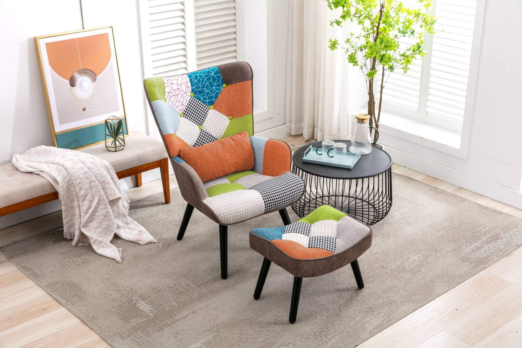 0 - Fauteuil Patchwork Scandinave  avec pieds-repose, Oreiller lombaire  Pieds Bois Massif ,Salon Balcon Tissu en Lin  Multicolore - Image 3