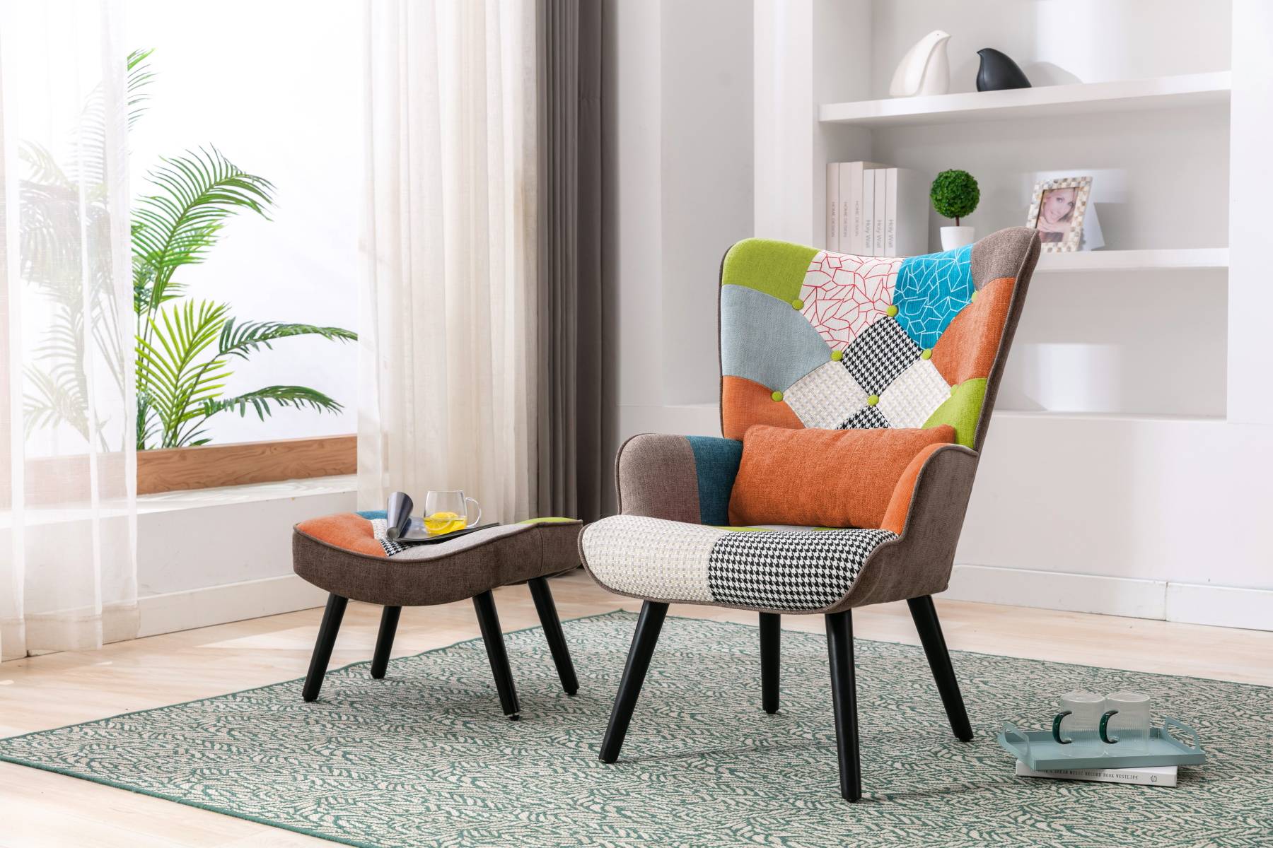 0 - Fauteuil Patchwork Scandinave  avec pieds-repose, Oreiller lombaire  Pieds Bois Massif ,Salon Balcon Tissu en Lin  Multicolore - Image 5