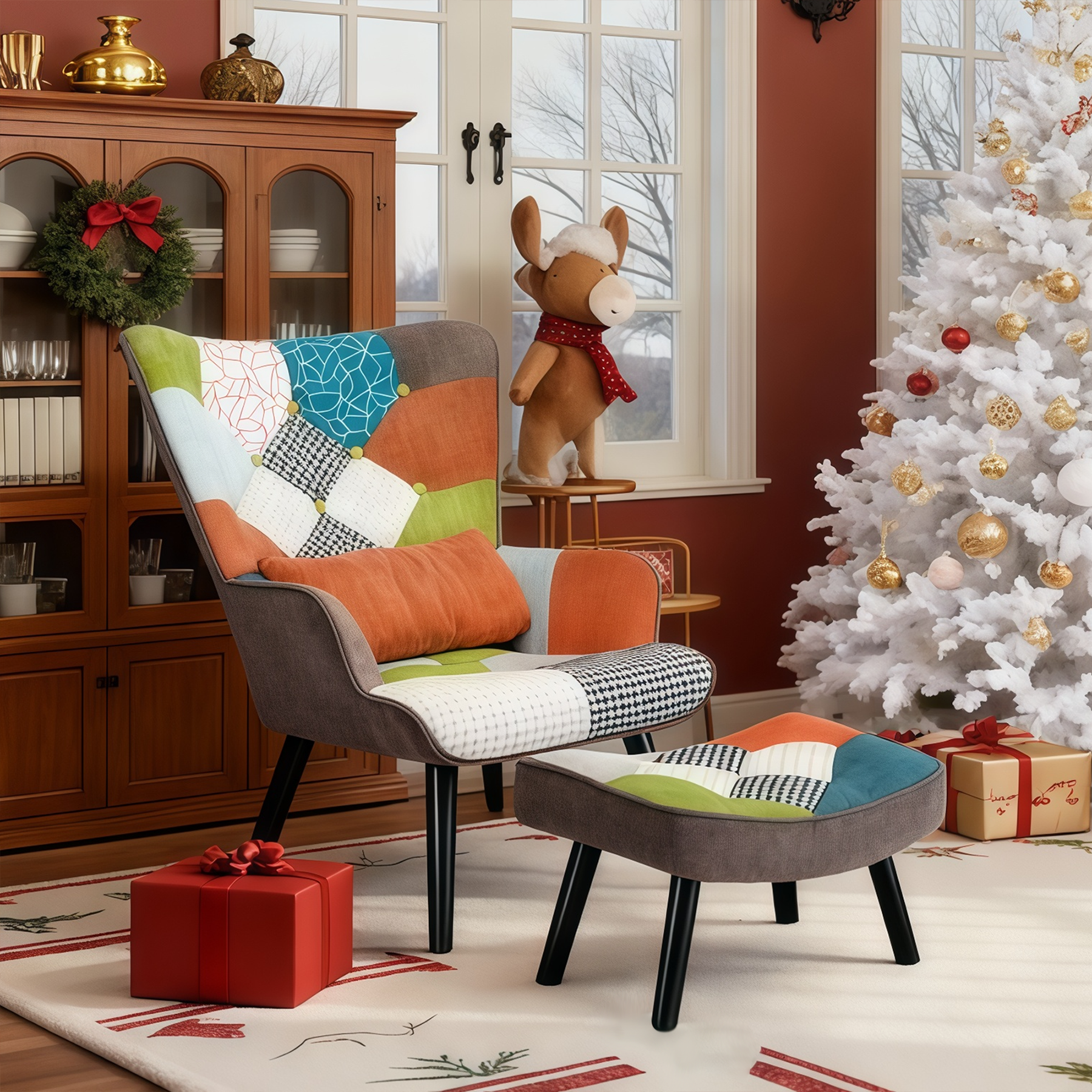 0 - Fauteuil Patchwork Scandinave  avec pieds-repose, Oreiller lombaire  Pieds Bois Massif ,Salon Balcon Tissu en Lin  Multicolore - Image 1