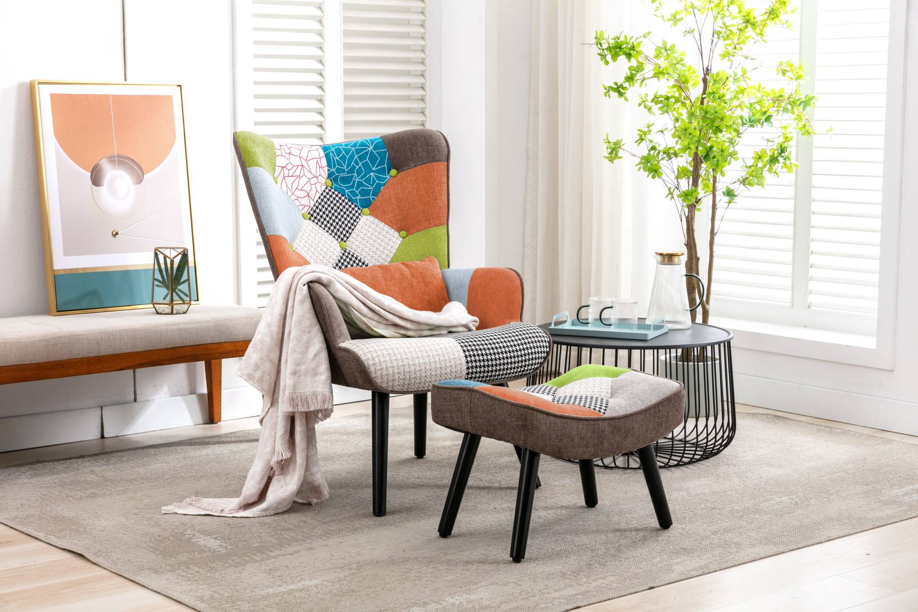 0 - Fauteuil Patchwork Scandinave  avec pieds-repose, Oreiller lombaire  Pieds Bois Massif ,Salon Balcon Tissu en Lin  Multicolore - Image 2
