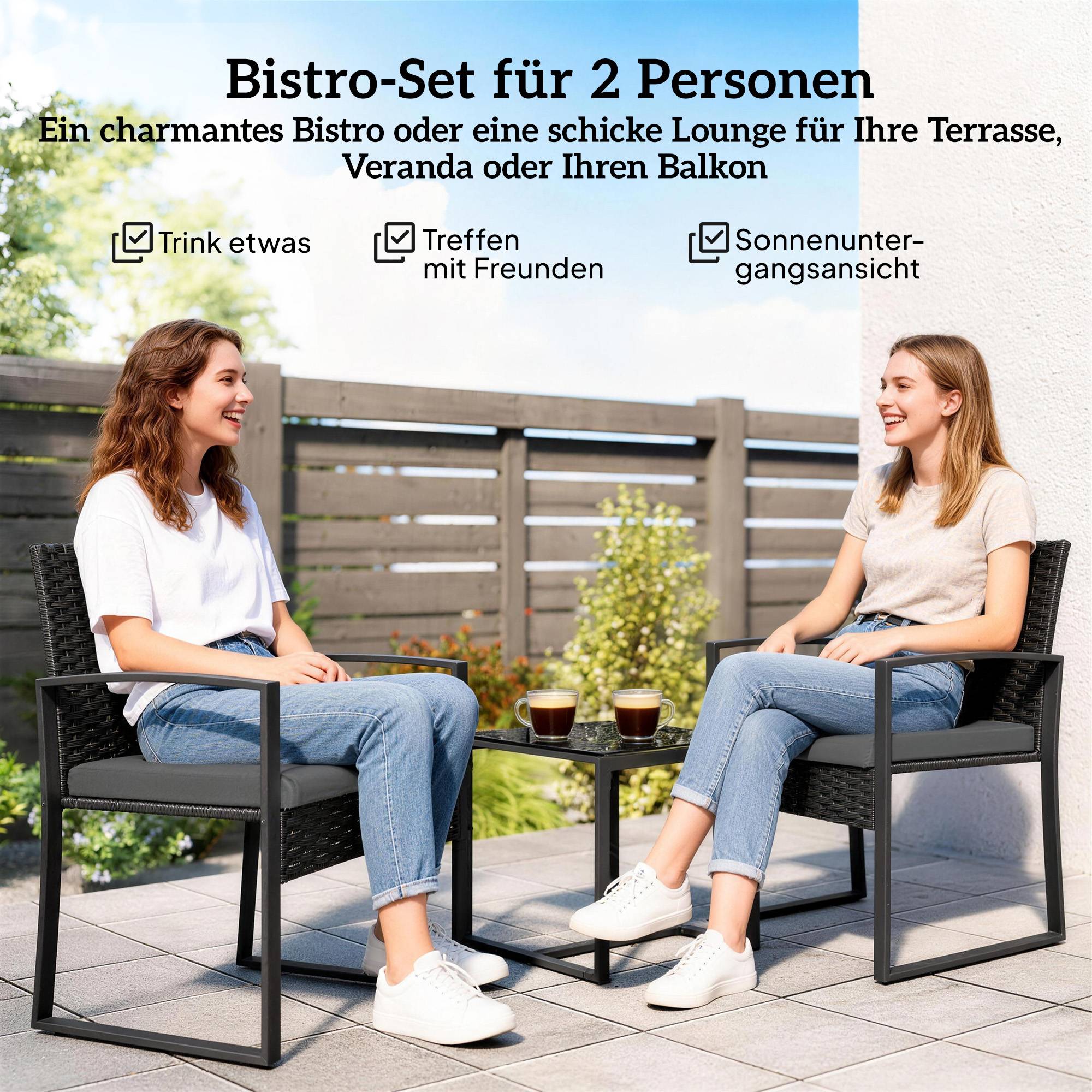 Ensemble bistro rotin 3 pièces : 2 fauteuils de jardin + table basse, coussins amovibles, gris foncé - Image 4