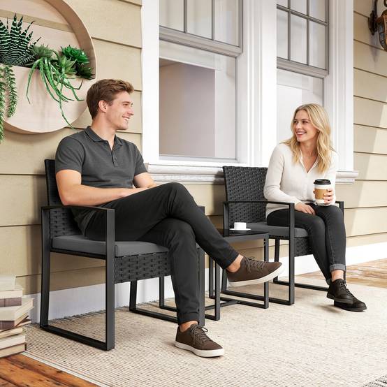 Ensemble bistro rotin 3 pièces : 2 fauteuils de jardin + table basse, coussins amovibles, gris foncé - Image 9