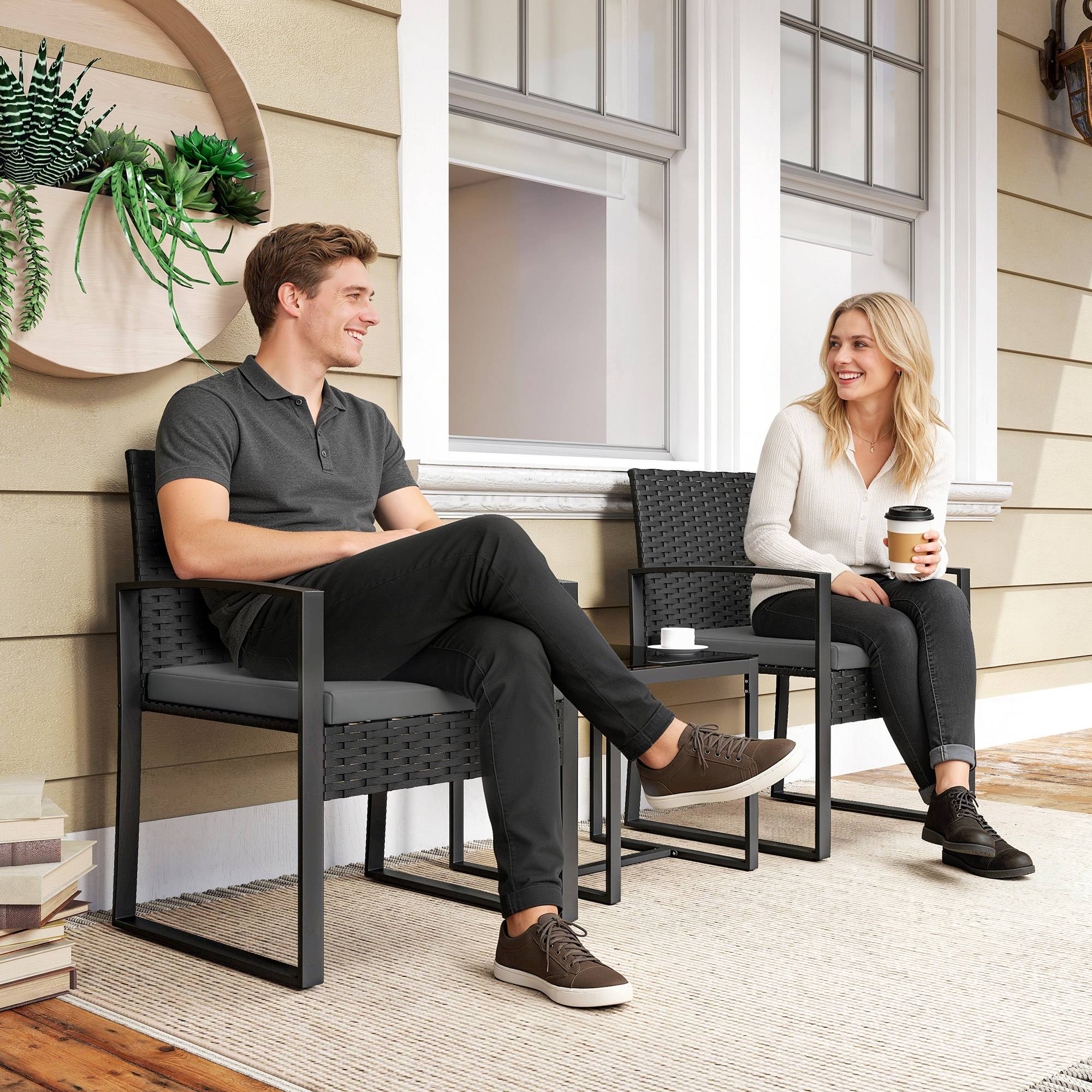 Ensemble bistro rotin 3 pièces : 2 fauteuils de jardin + table basse, coussins amovibles, gris foncé - Image 9