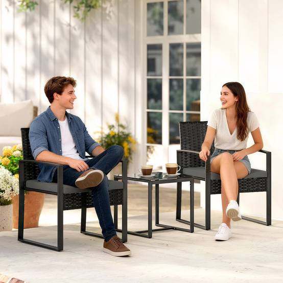 Ensemble bistro rotin 3 pièces : 2 fauteuils de jardin + table basse, coussins amovibles, gris foncé - Image 2
