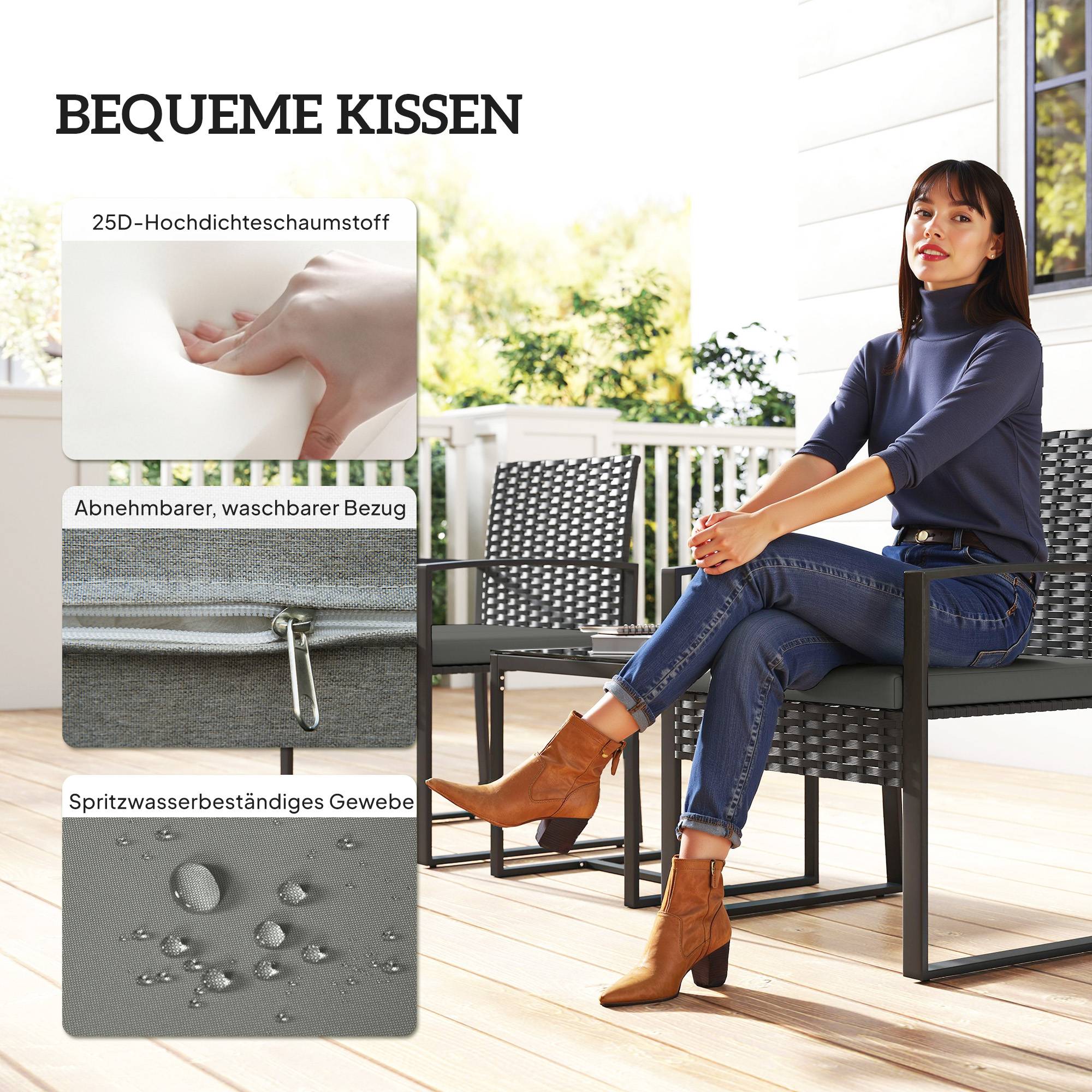 Ensemble bistro rotin 3 pièces : 2 fauteuils de jardin + table basse, coussins amovibles, gris foncé - Image 6