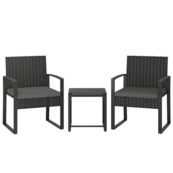 Ensemble bistro rotin 3 pièces : 2 fauteuils de jardin + table basse, coussins amovibles, gris foncé - Image 1