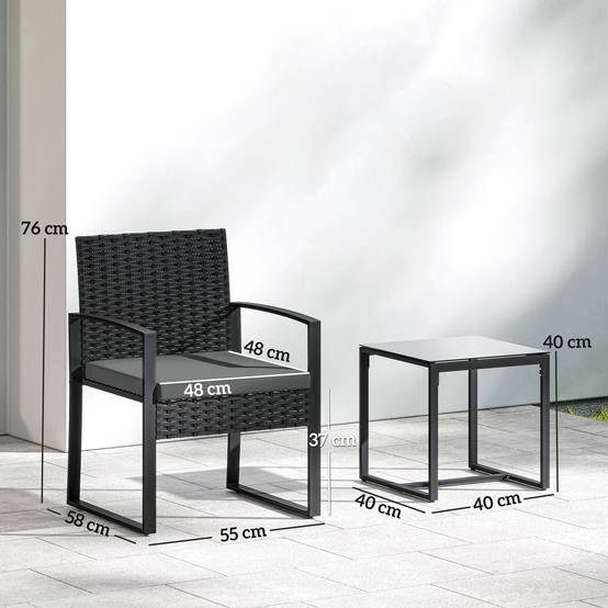 Ensemble bistro rotin 3 pièces : 2 fauteuils de jardin + table basse, coussins amovibles, gris foncé - Image 3