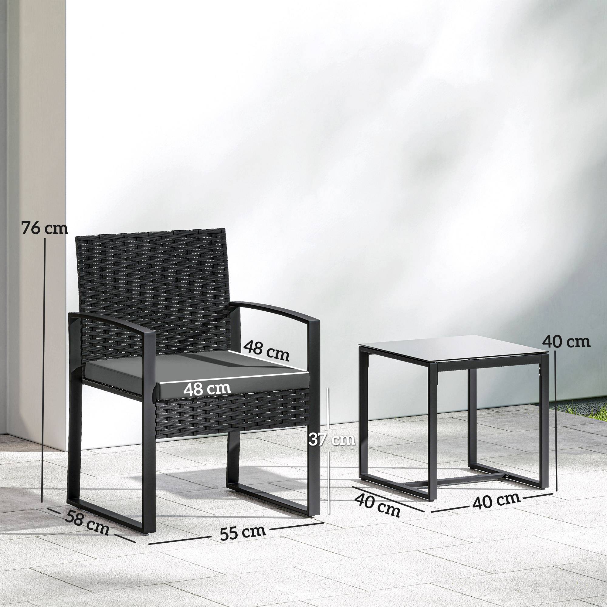 Ensemble bistro rotin 3 pièces : 2 fauteuils de jardin + table basse, coussins amovibles, gris foncé - Image 3