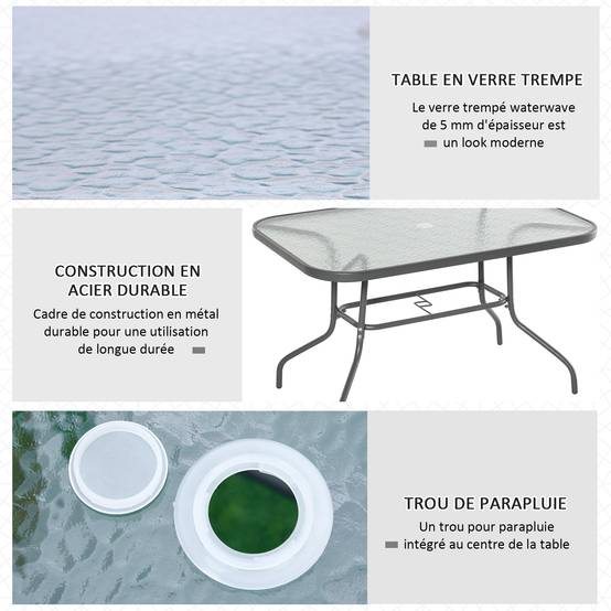 Table à Manger Rectangulaire Métal Jardin Terrasse Espace Parasol 120x80cm Gris - ComfortXL Outdoor Living - Image 6