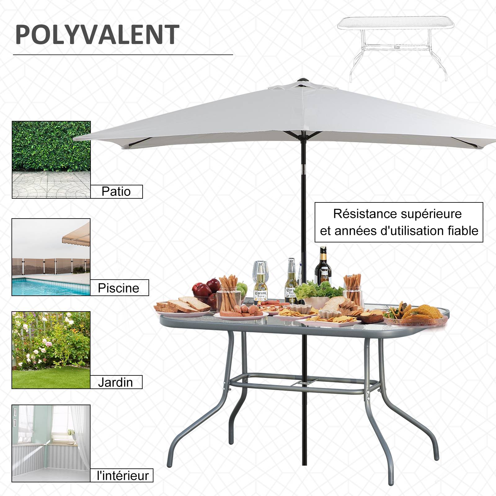 Table à Manger Rectangulaire Métal Jardin Terrasse Espace Parasol 120x80cm Gris - ComfortXL Outdoor Living - Image 9