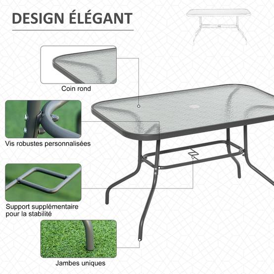 Table à Manger Rectangulaire Métal Jardin Terrasse Espace Parasol 120x80cm Gris - ComfortXL Outdoor Living - Image 7