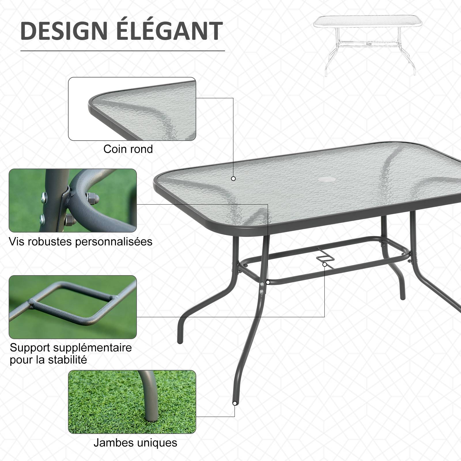 Table à Manger Rectangulaire Métal Jardin Terrasse Espace Parasol 120x80cm Gris - ComfortXL Outdoor Living - Image 7