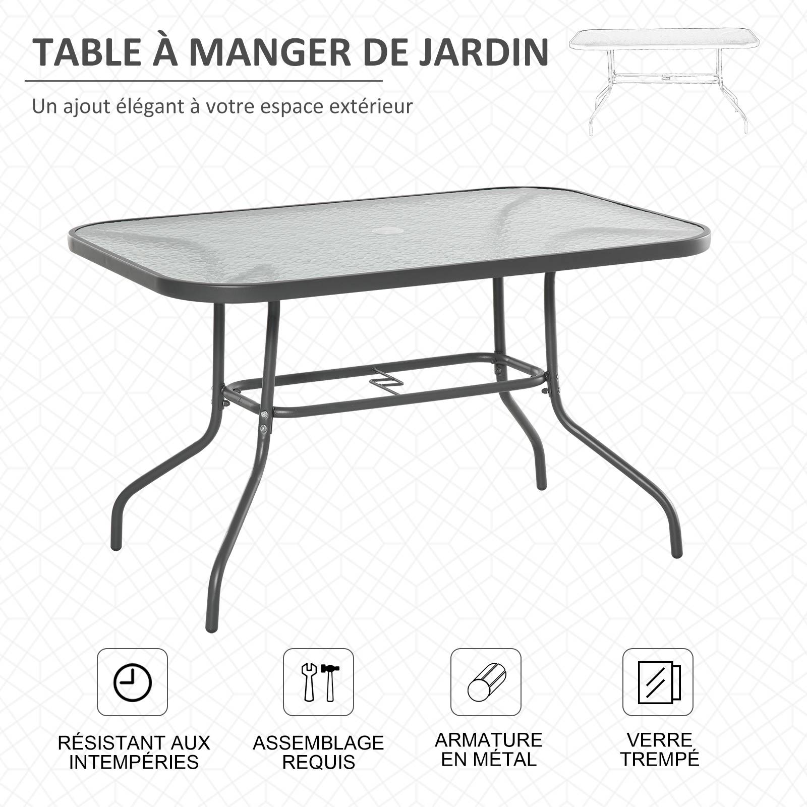 Table à Manger Rectangulaire Métal Jardin Terrasse Espace Parasol 120x80cm Gris - ComfortXL Outdoor Living - Image 8