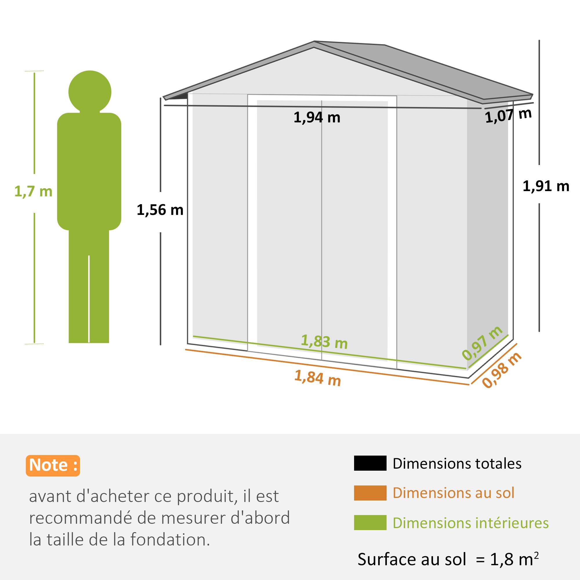 Abri de jardin en métal, grand espace de rangement extérieur avec portes coulissantes, 194 x 107 x 191 cm, gris foncé - Image 5