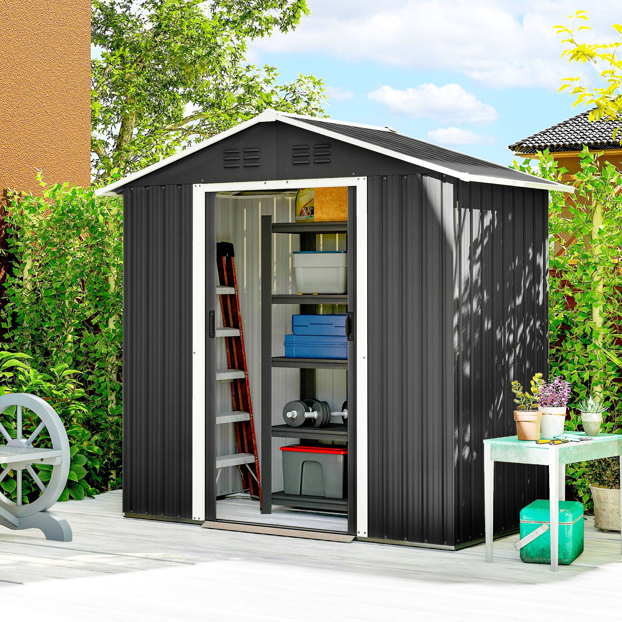 Abri de jardin en métal, grand espace de rangement extérieur avec portes coulissantes, 194 x 107 x 191 cm, gris foncé - Image 3