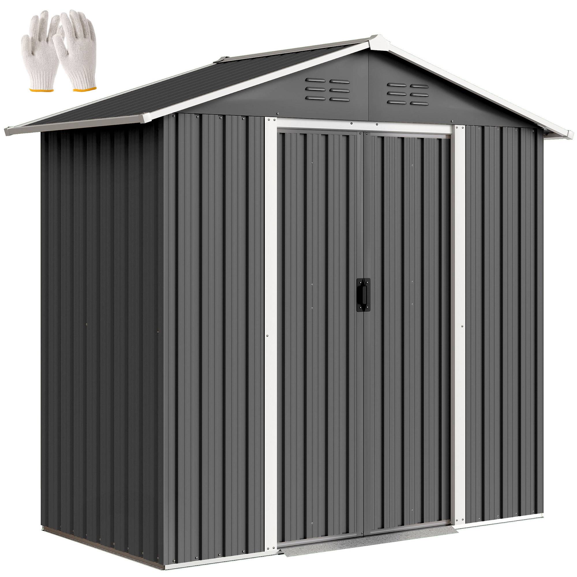 Abri de jardin en métal, grand espace de rangement extérieur avec portes coulissantes, 194 x 107 x 191 cm, gris foncé - Image 1
