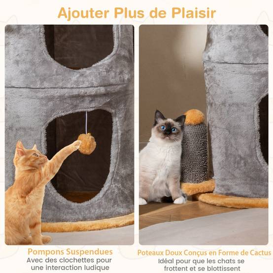 Arbre à Chat Mignon avec 2 Condos Confortables 2 Boules en Peluche Suspendues Perchoir Supérieur - Image 6