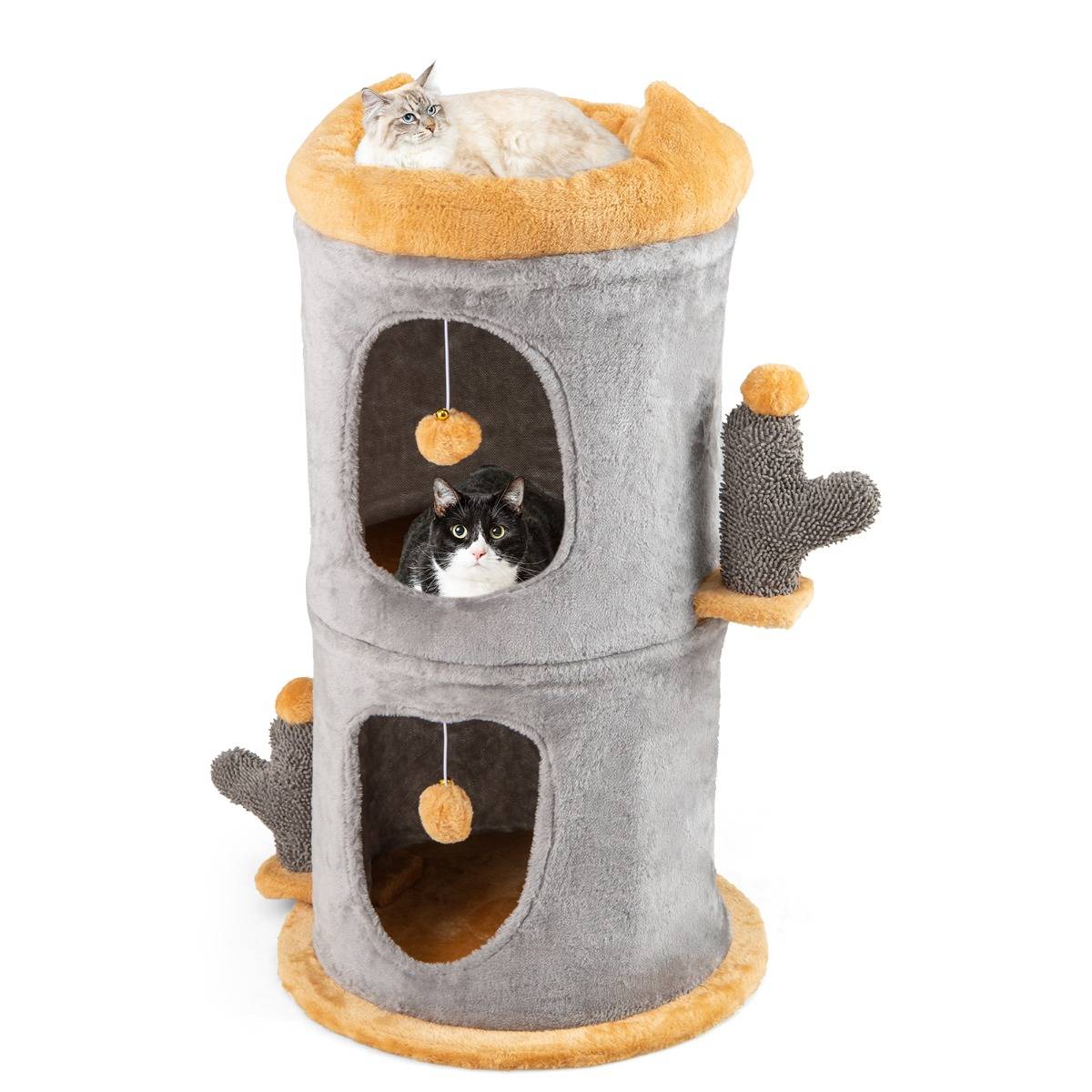 Arbre à Chat Mignon avec 2 Condos Confortables 2 Boules en Peluche Suspendues Perchoir Supérieur