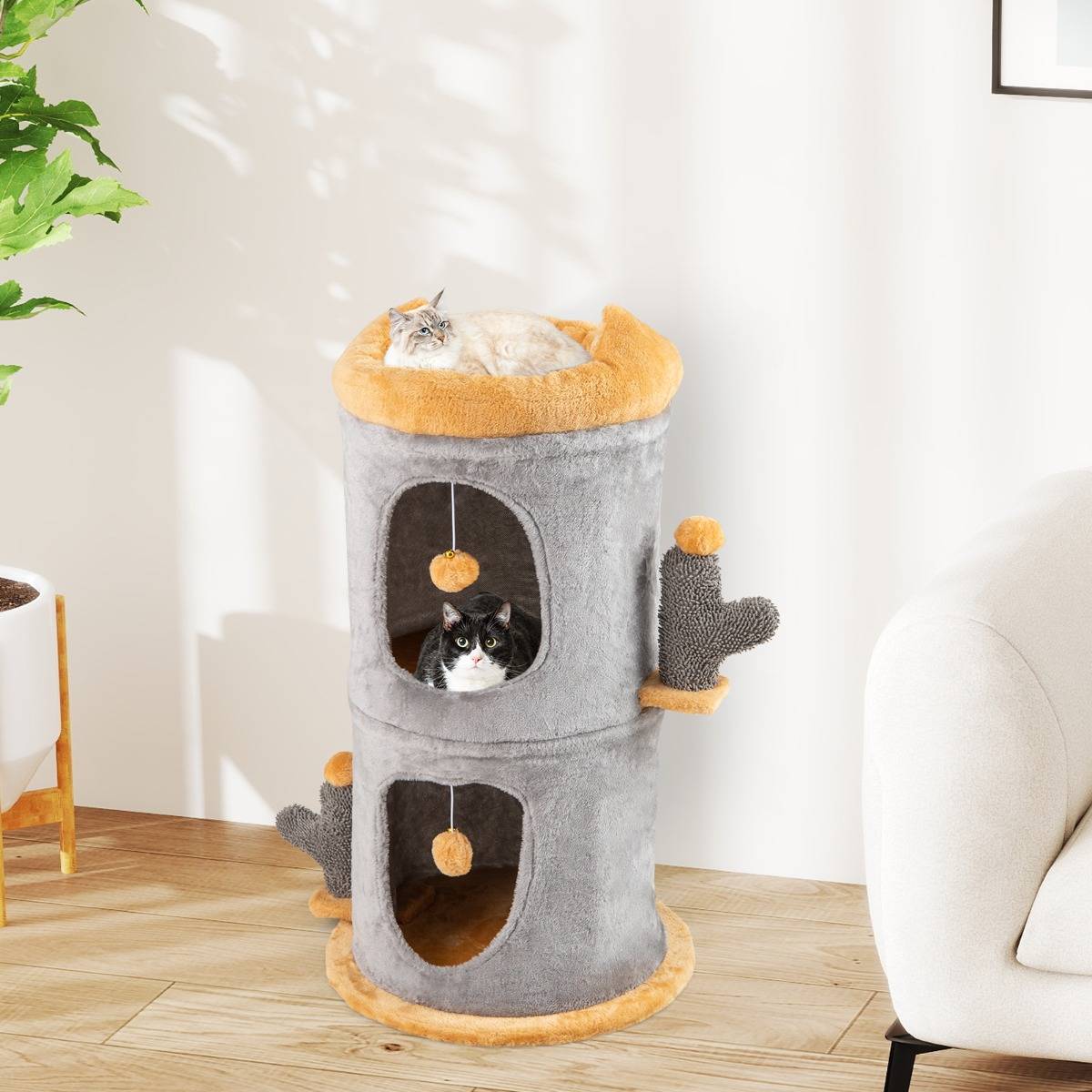 Arbre à Chat Mignon avec 2 Condos Confortables 2 Boules en Peluche Suspendues Perchoir Supérieur - Image 4