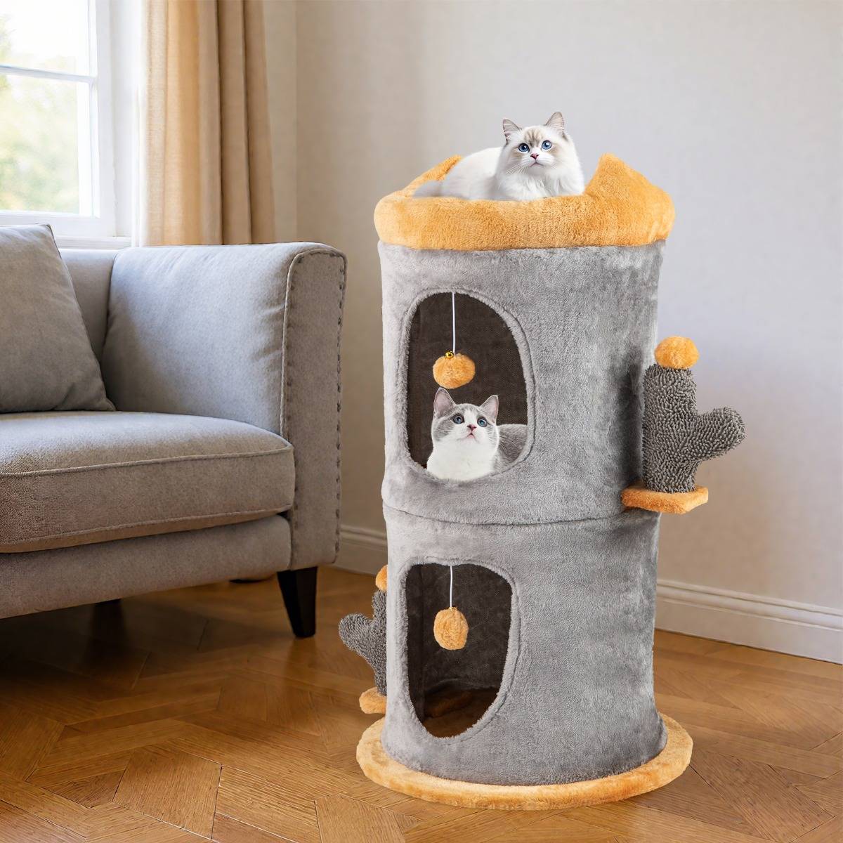 Arbre à Chat Mignon avec 2 Condos Confortables 2 Boules en Peluche Suspendues Perchoir Supérieur - Image 2