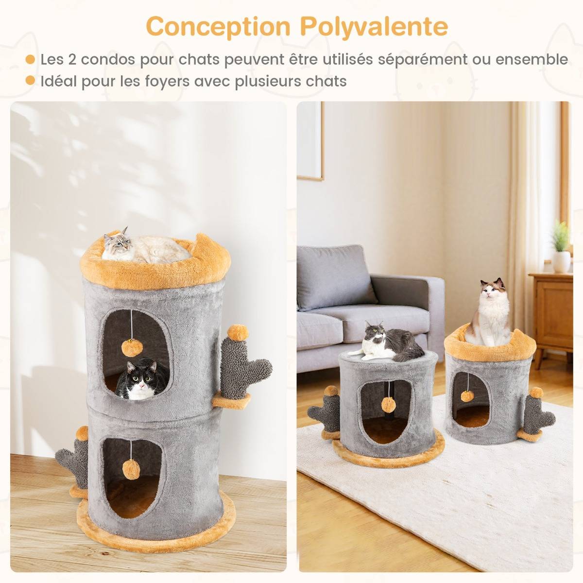 Arbre à Chat Mignon avec 2 Condos Confortables 2 Boules en Peluche Suspendues Perchoir Supérieur - Image 7