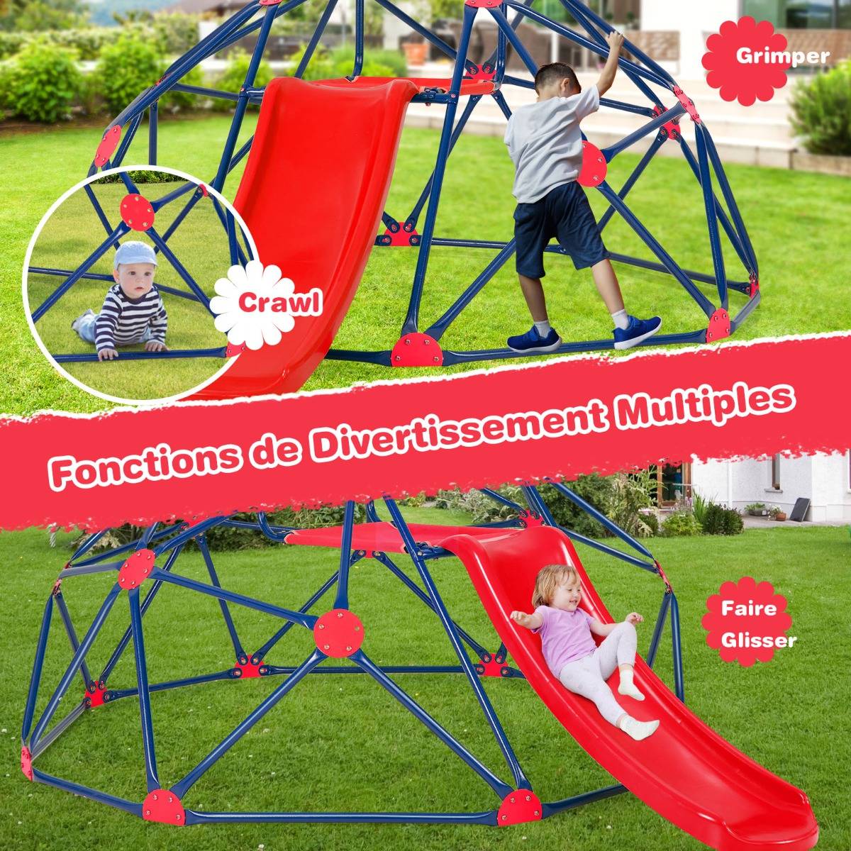 Toboggan avec Dôme d'Escalade pour Enfants 3-10 Ans Cage d'Escalade Charge max.: 180 KG Jeu Extérieure et Intérieure Rouge - Image 5