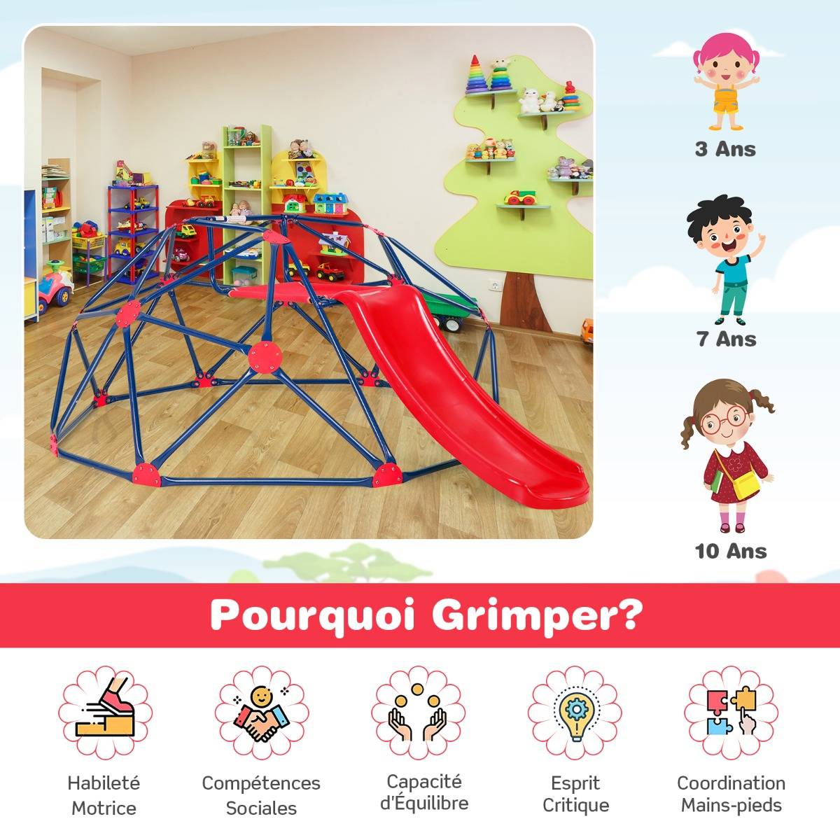 Toboggan avec Dôme d'Escalade pour Enfants 3-10 Ans Cage d'Escalade Charge max.: 180 KG Jeu Extérieure et Intérieure Rouge - Image 8