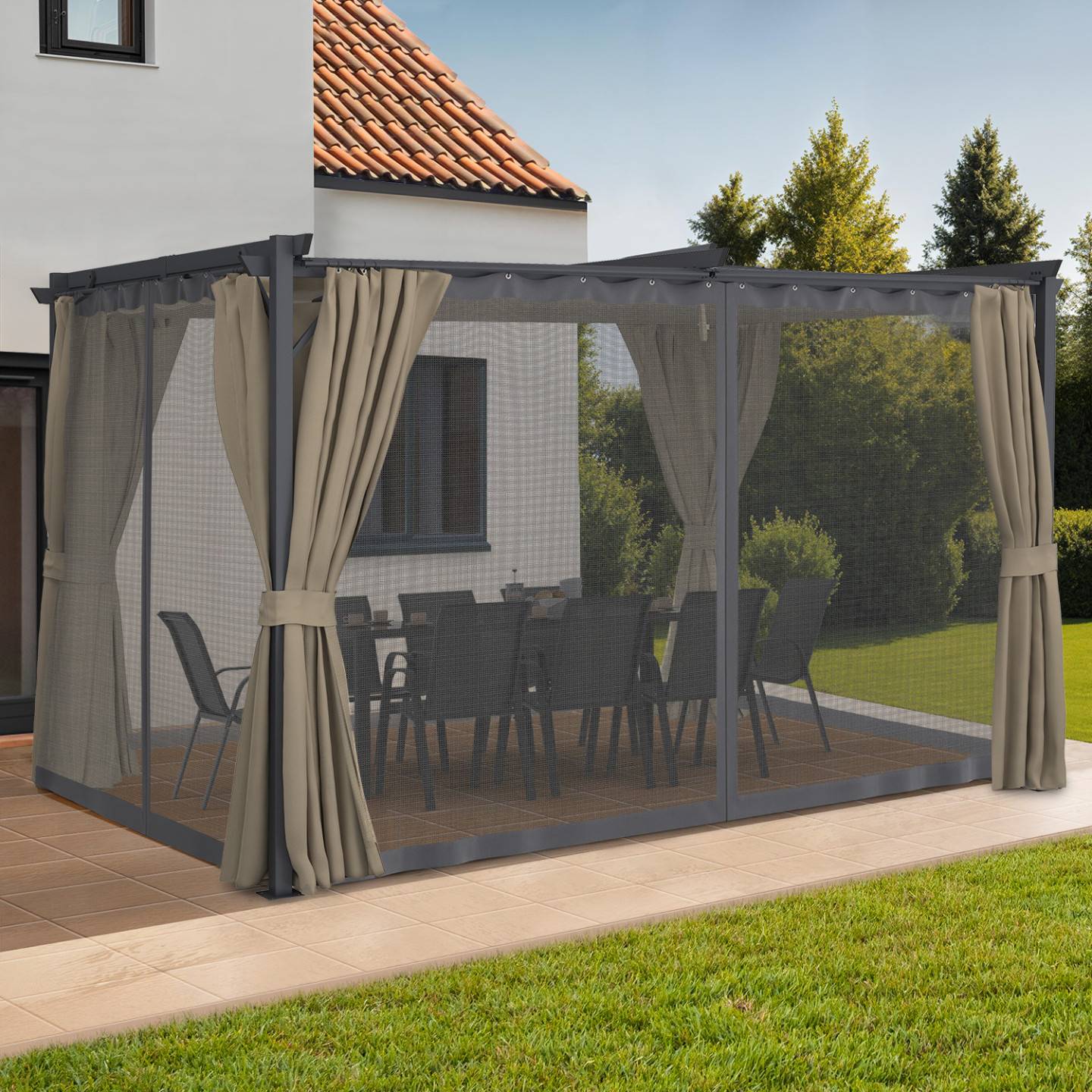 Pergola édition intégrale moustiquaire toit rétractable 3x4 M et 4 rideaux taupe - Image 1