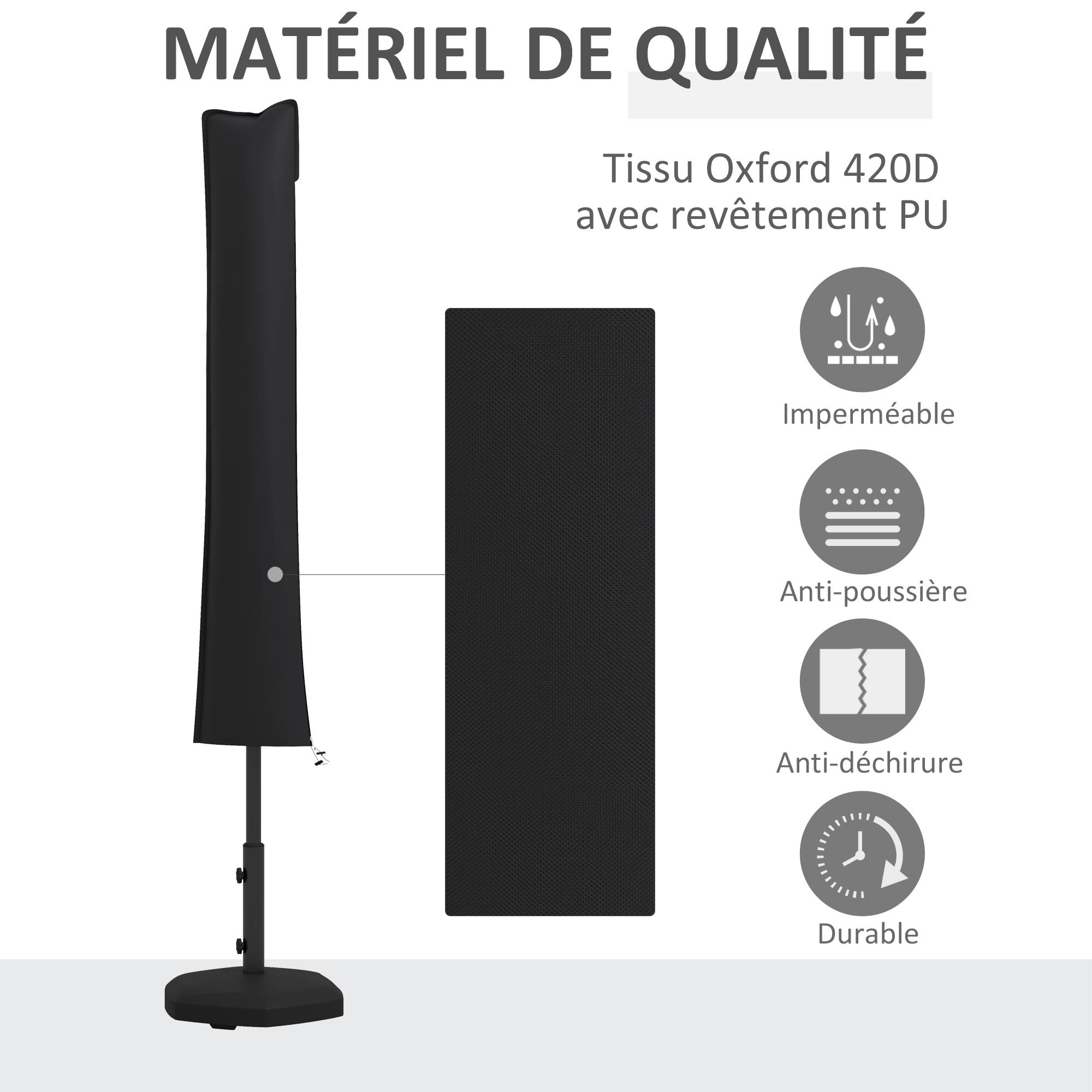Housse de protection pour parasol droit en polyester oxford 420D noir 35 x 25 x 178 cm - PANGIVO - Image 6