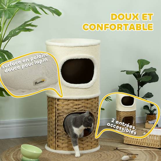 Tour chat 3 niveaux bois griffoir sisal naturel polaire ultra douce 40x80cm crème - ComfortXL Outdoor Living - Image 8