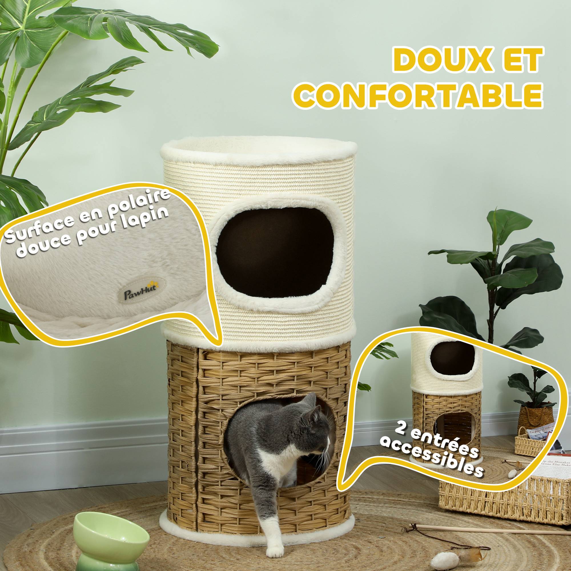 Tour chat 3 niveaux bois griffoir sisal naturel polaire ultra douce 40x80cm crème - ComfortXL Outdoor Living - Image 8