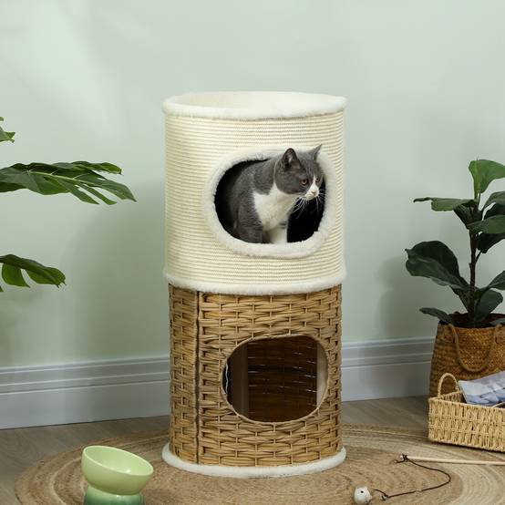 Tour chat 3 niveaux bois griffoir sisal naturel polaire ultra douce 40x80cm crème - ComfortXL Outdoor Living - Image 3