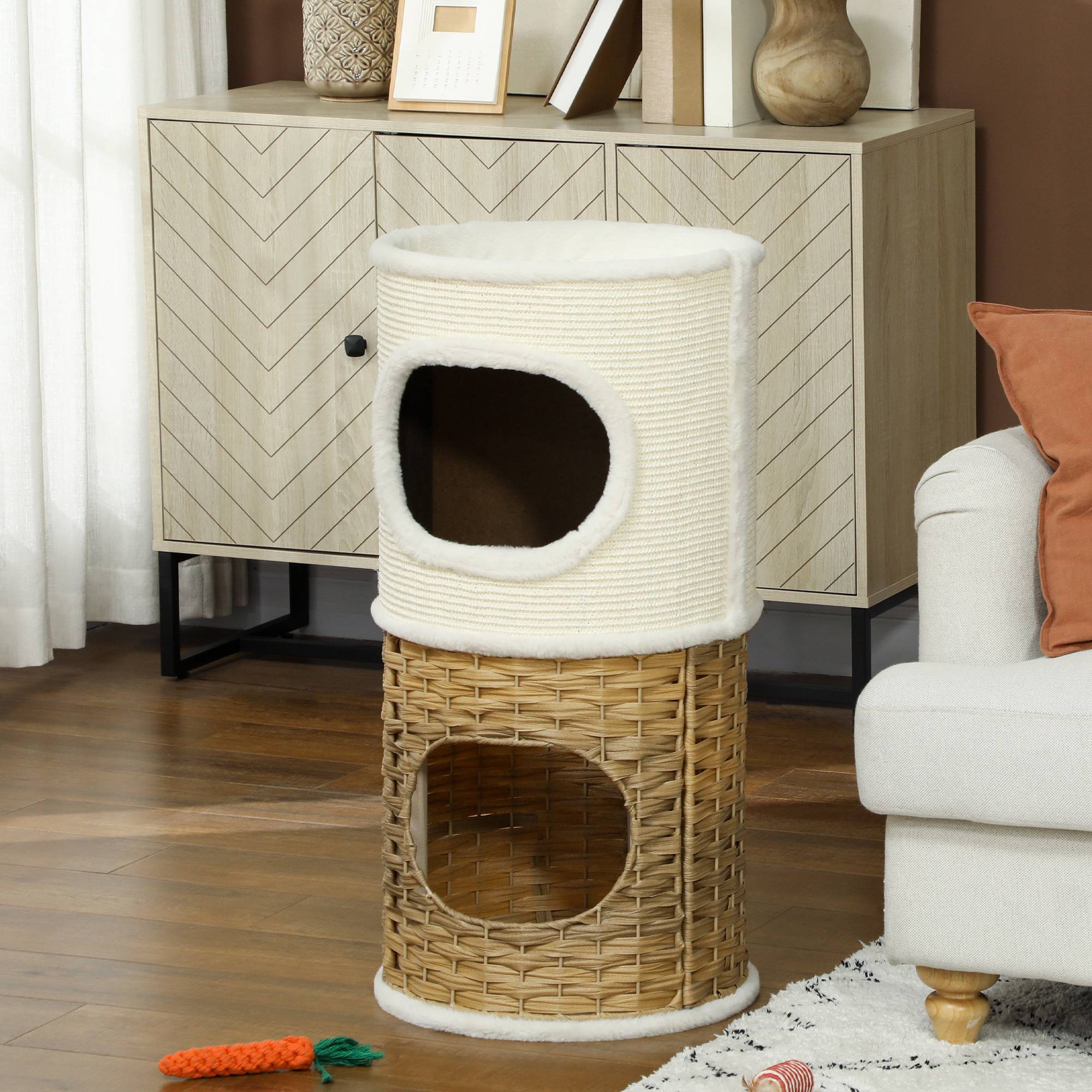 Tour chat 3 niveaux bois griffoir sisal naturel polaire ultra douce 40x80cm crème - ComfortXL Outdoor Living - Image 4