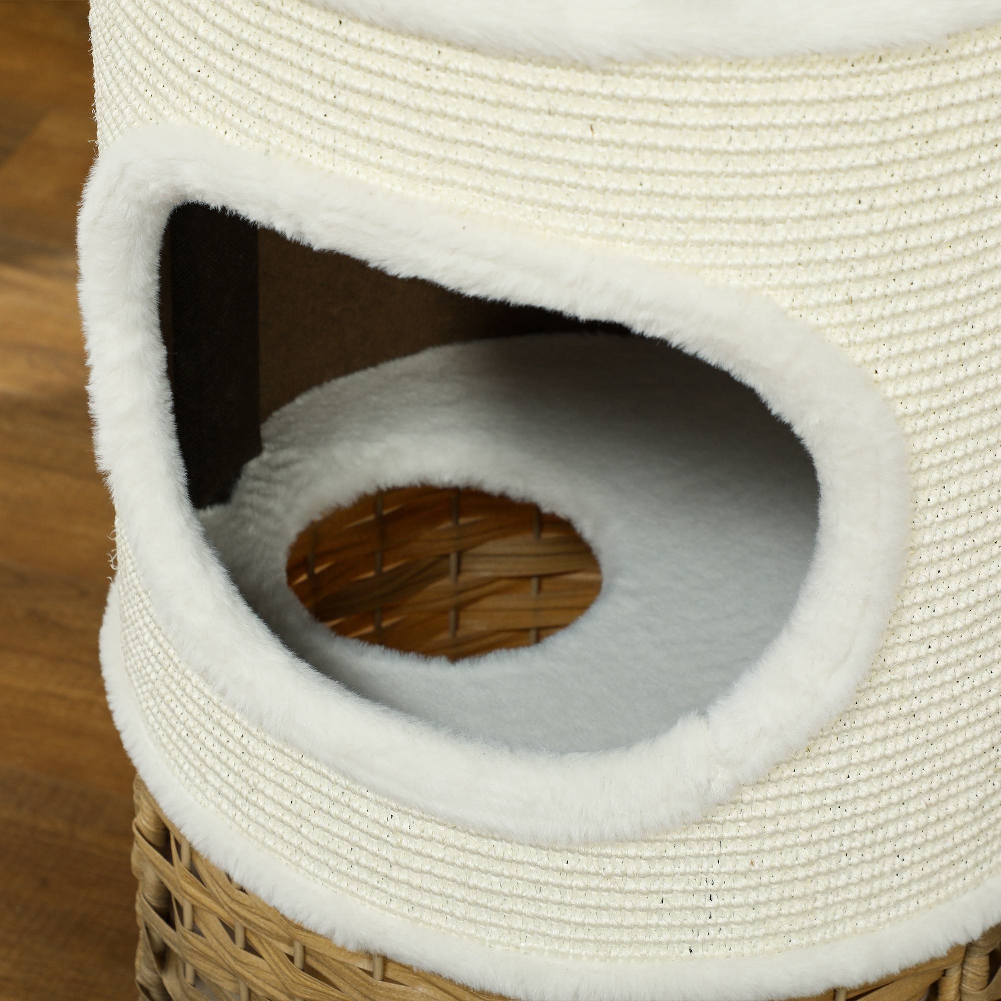 Tour chat 3 niveaux bois griffoir sisal naturel polaire ultra douce 40x80cm crème - ComfortXL Outdoor Living - Image 10