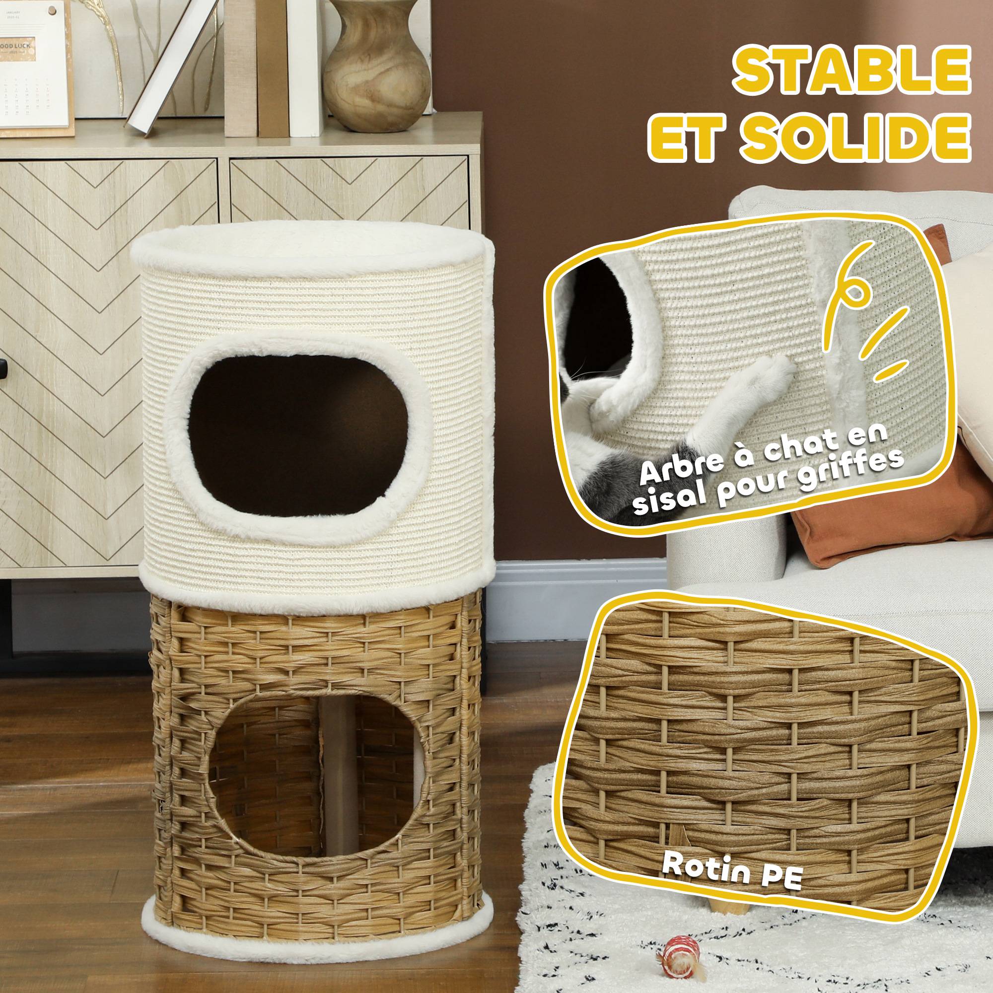 Tour chat 3 niveaux bois griffoir sisal naturel polaire ultra douce 40x80cm crème - ComfortXL Outdoor Living - Image 7